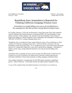 Press Release announcing the filing of complaints against Republican Jesse Armendarez for campaign finance violations.